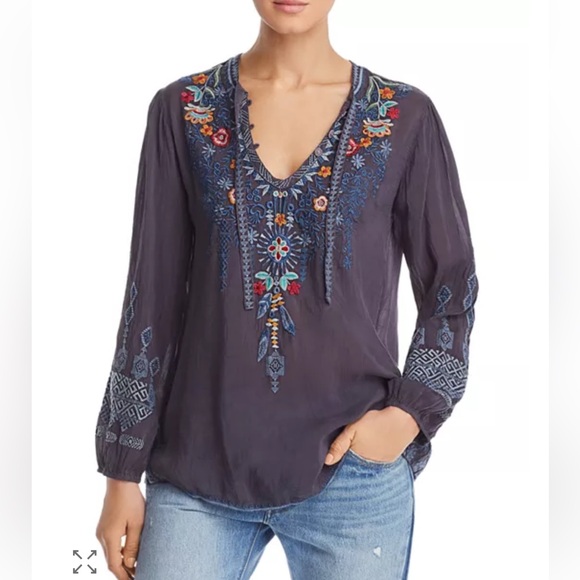 Johnny Was Tops - JOHNNY WAS “Sheesoh” Embroidered Navy Blue Long Sleeve Tunic Top